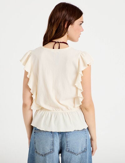 Blouse col rond manches courtes dentelle ecru femme