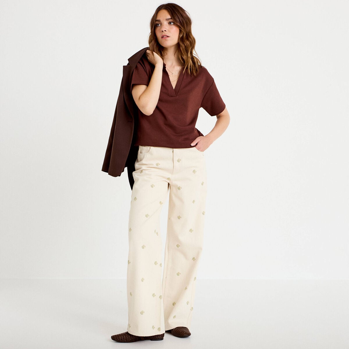 Jean wide leg taille haute brod&eacute; denim blanc femme