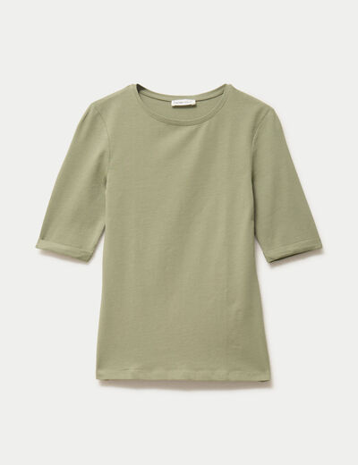 T-shirt ajust&eacute; col rond manches courtes vert kaki femme