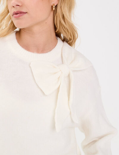 Pull oversize col avec noeud ecru femme