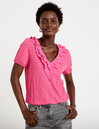Blouse pliss&eacute;e col v manches courtes rose fushia femme