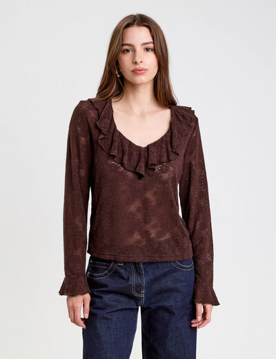 Blouse ajour&eacute;e manches longues marron fonc&eacute; femme
