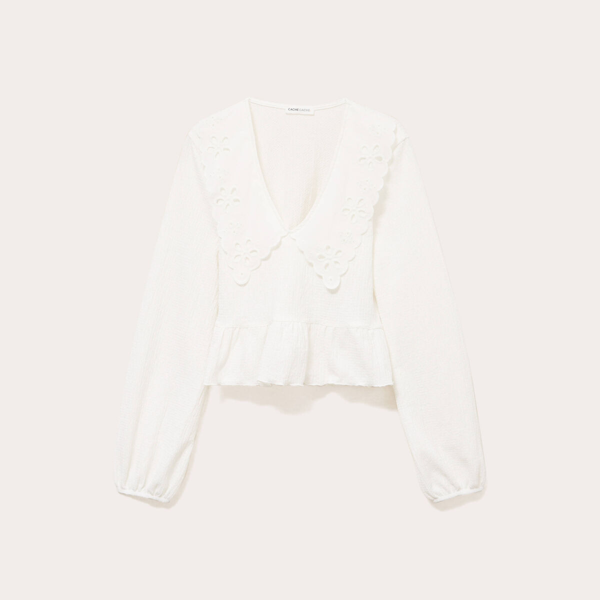 Blouse cropped grand col brod&eacute; ecru femme