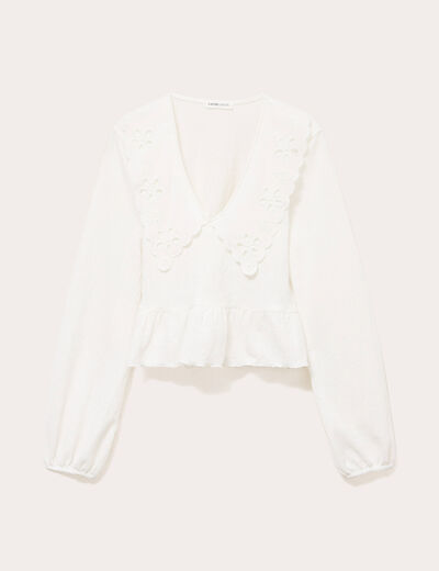 Blouse cropped grand col brod&eacute; ecru femme