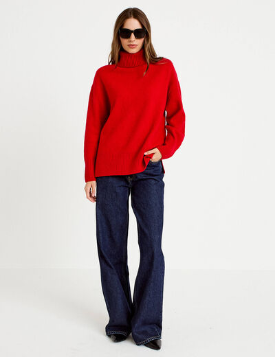 Pull col roul&eacute; manches longues rouge femme