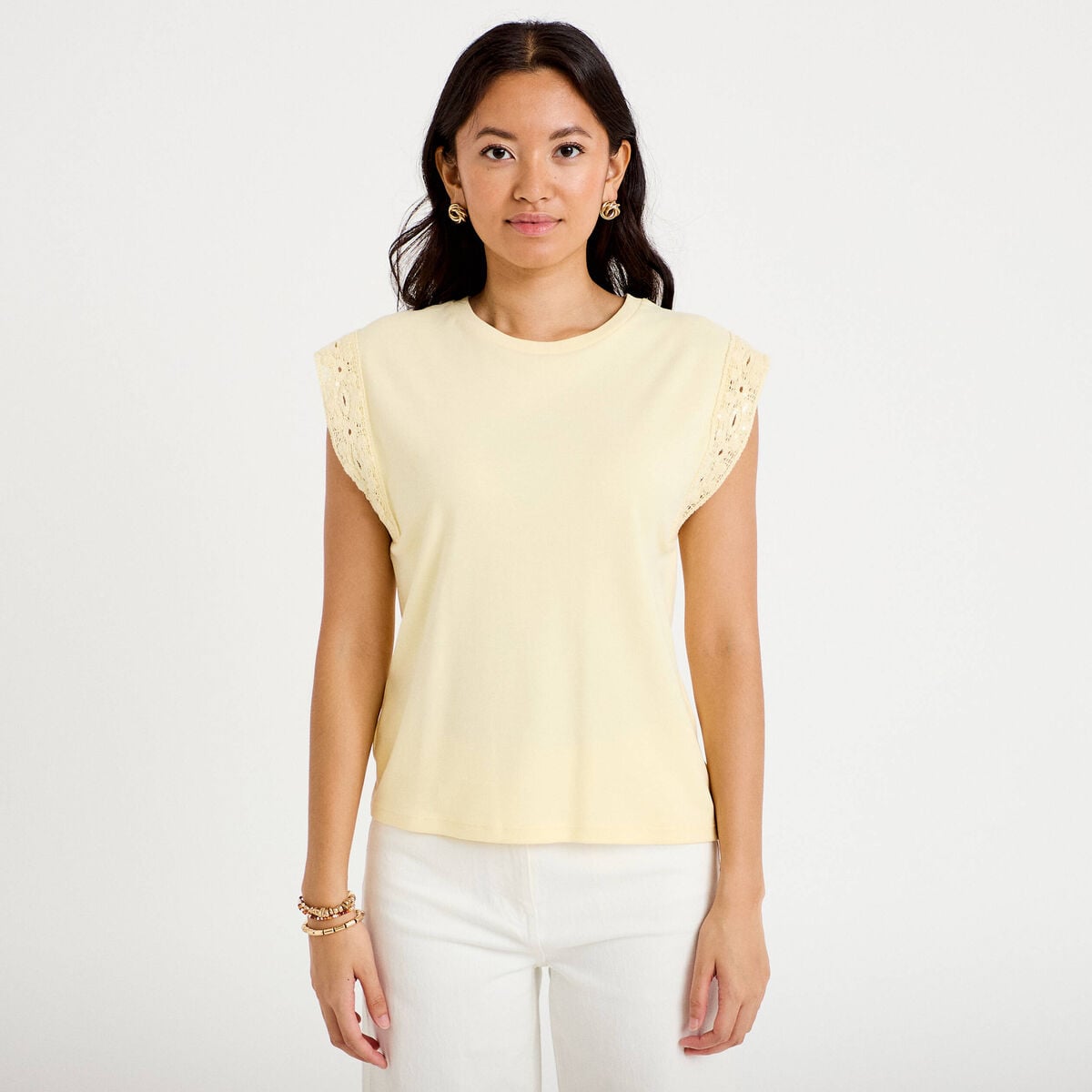 D&eacute;bardeur col rond jaune pastel femme