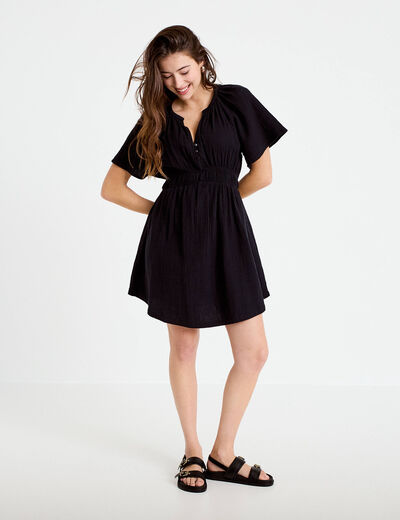 Robe courte &eacute;vas&eacute;e manches courtes noir femme