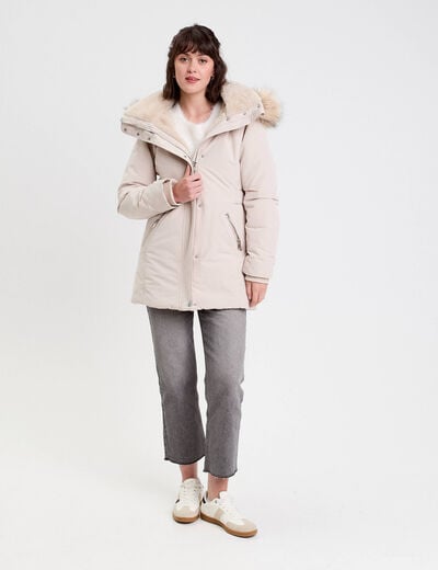 Parka &agrave; capuche fausse fourrure ecru femme