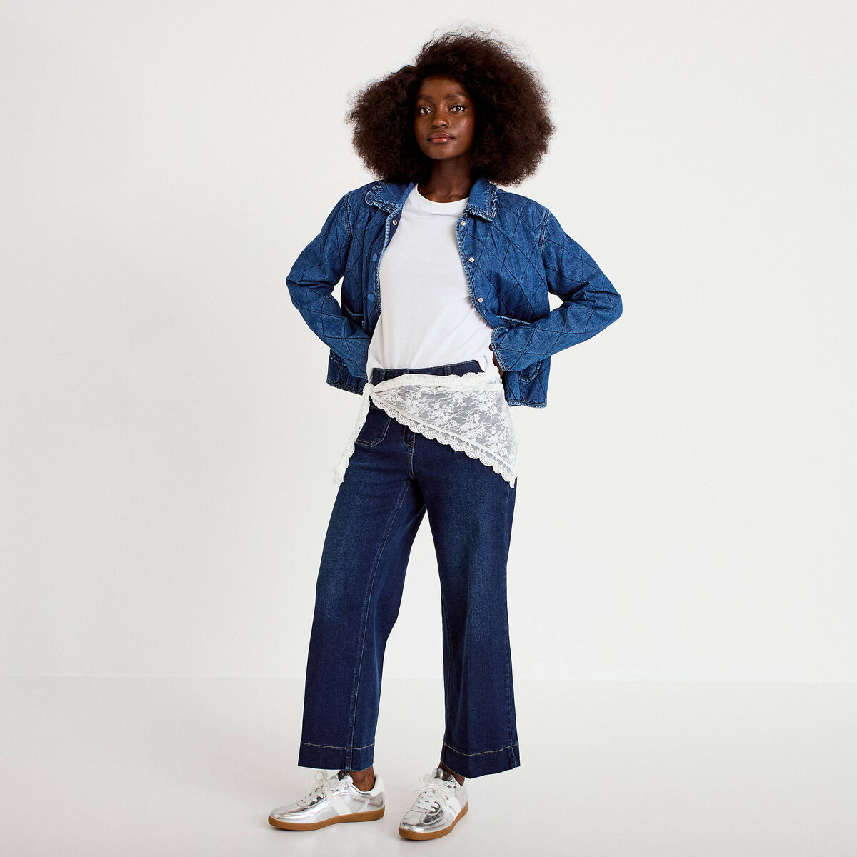 Jean wide leg cropped taille haute denim blue black femme