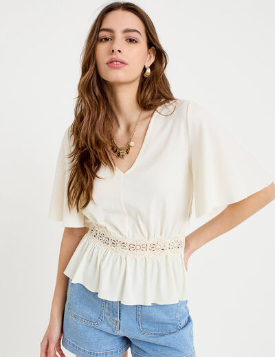Blouse col v manches courtes ecru femme