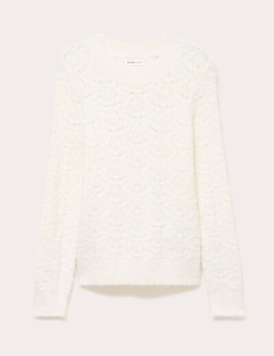 Pull ajour&eacute; col rond manches longues ecru femme