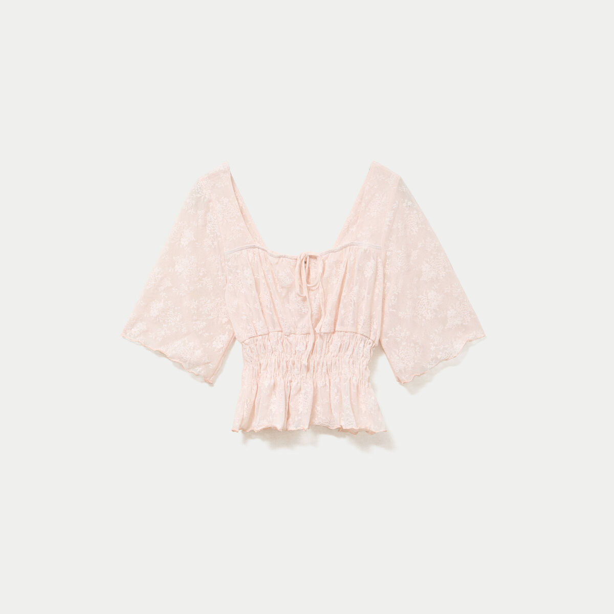 Blouse cintr&eacute;e col carr&eacute; dentelle rose clair femme