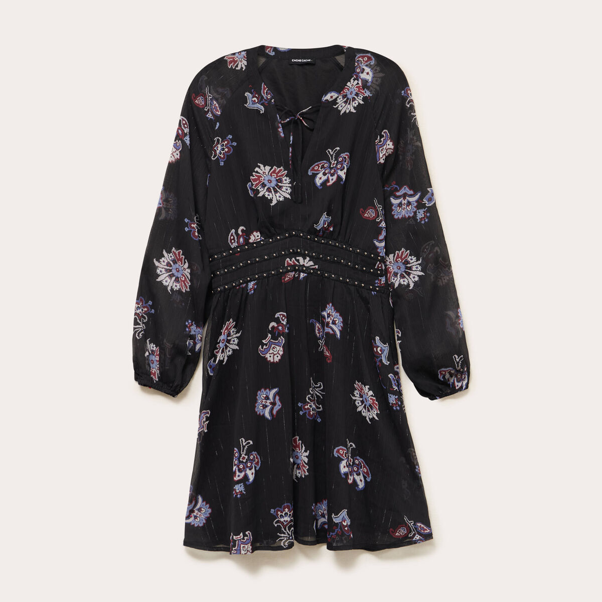 Robe courte &eacute;vas&eacute;e col v manches longues bleu fonc&eacute; femme