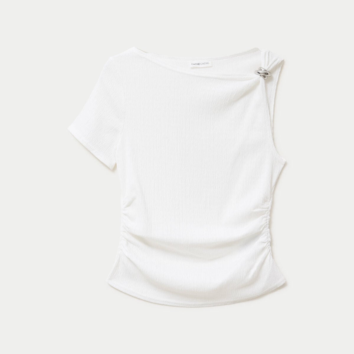 Top one shoulder pliss&eacute; manches courtes ecru femme