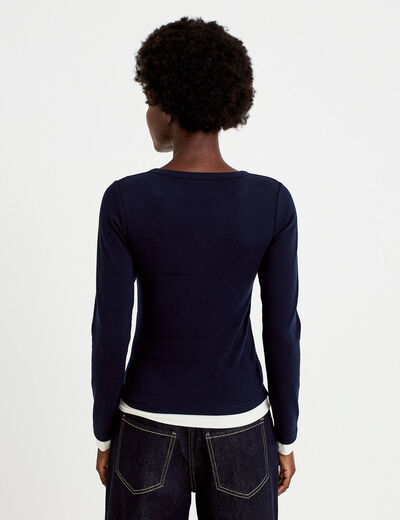Top col rond manches longues bleu marine femme