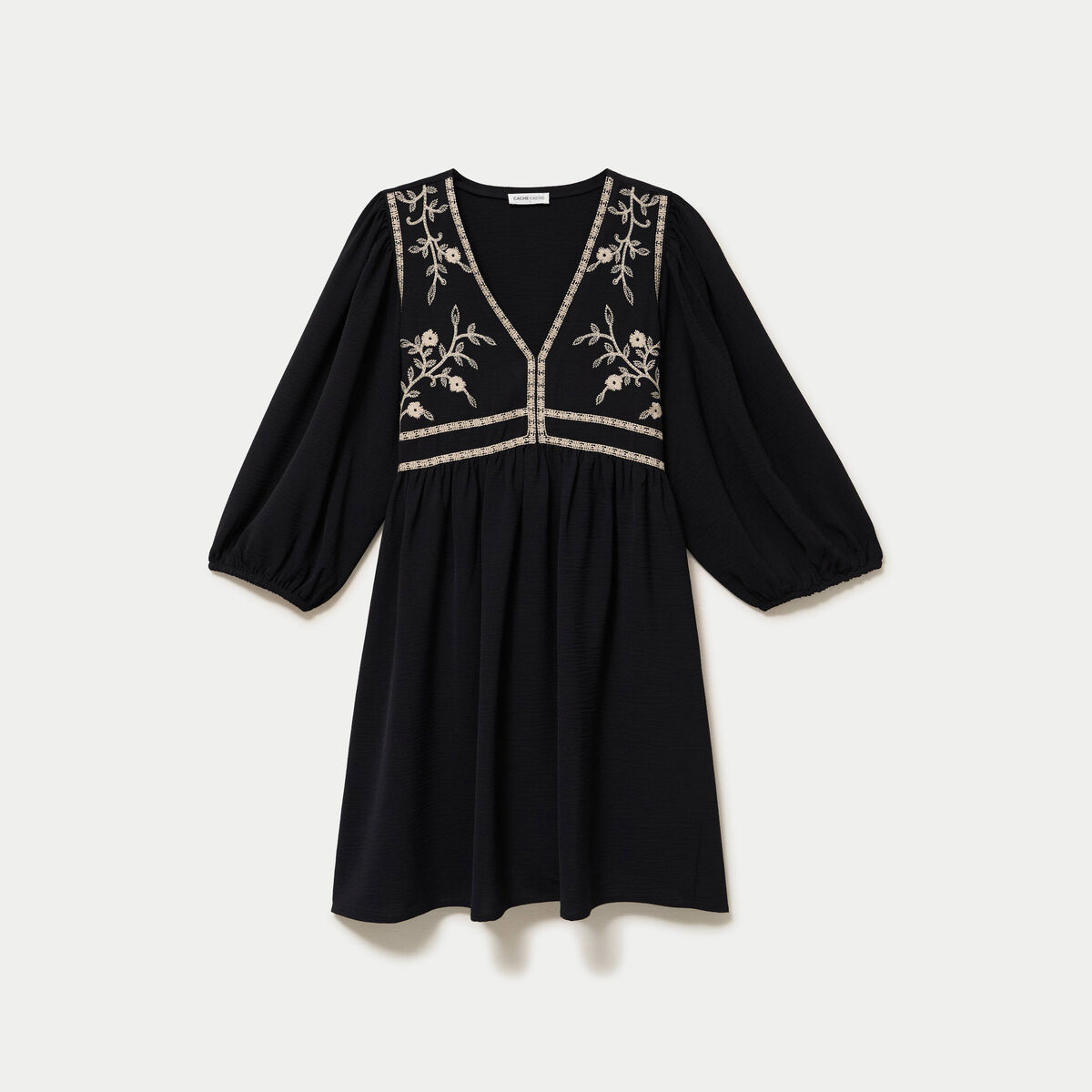 Robe droite courte col v manches 3/4 noir femme