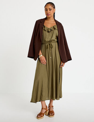 Robe longue &eacute;vas&eacute;e col v bretelles vert kaki femme