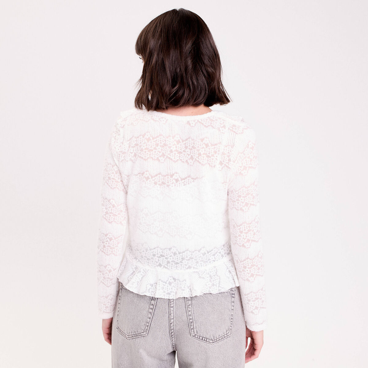 Gilet cintr&eacute; ajour&eacute; manches longues ecru femme