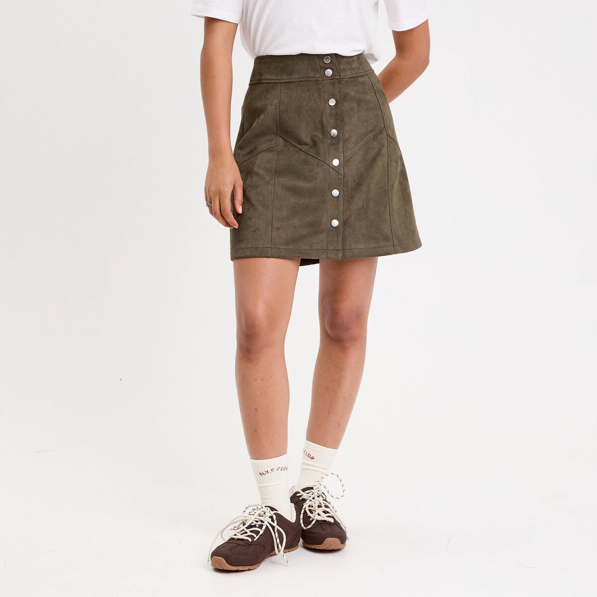 Jupe trap&egrave;ze courte aspect daim vert kaki femme