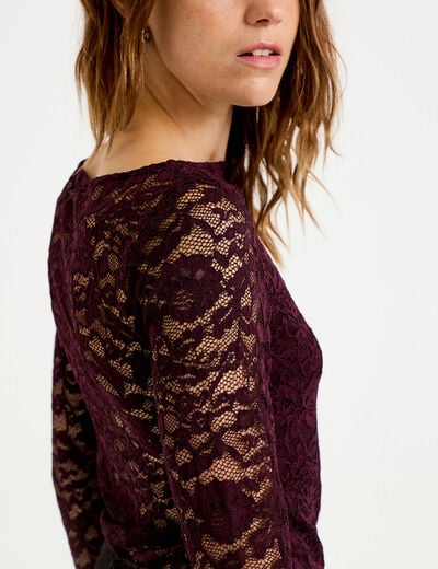Body ajust&eacute; dentelle col bateau violet fonc&eacute; femme