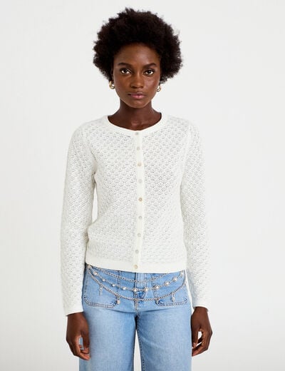 Gilet ajour&eacute; manches longues dentelle ecru femme