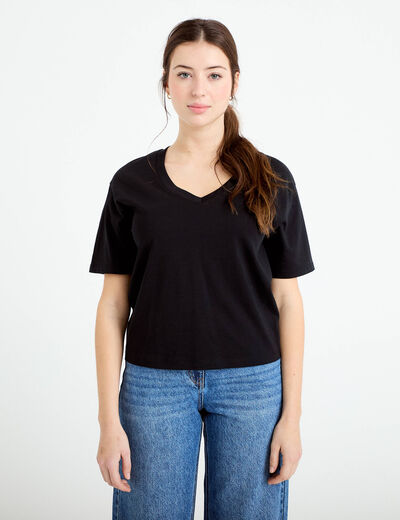 T-shirt col v manches courtes noir femme