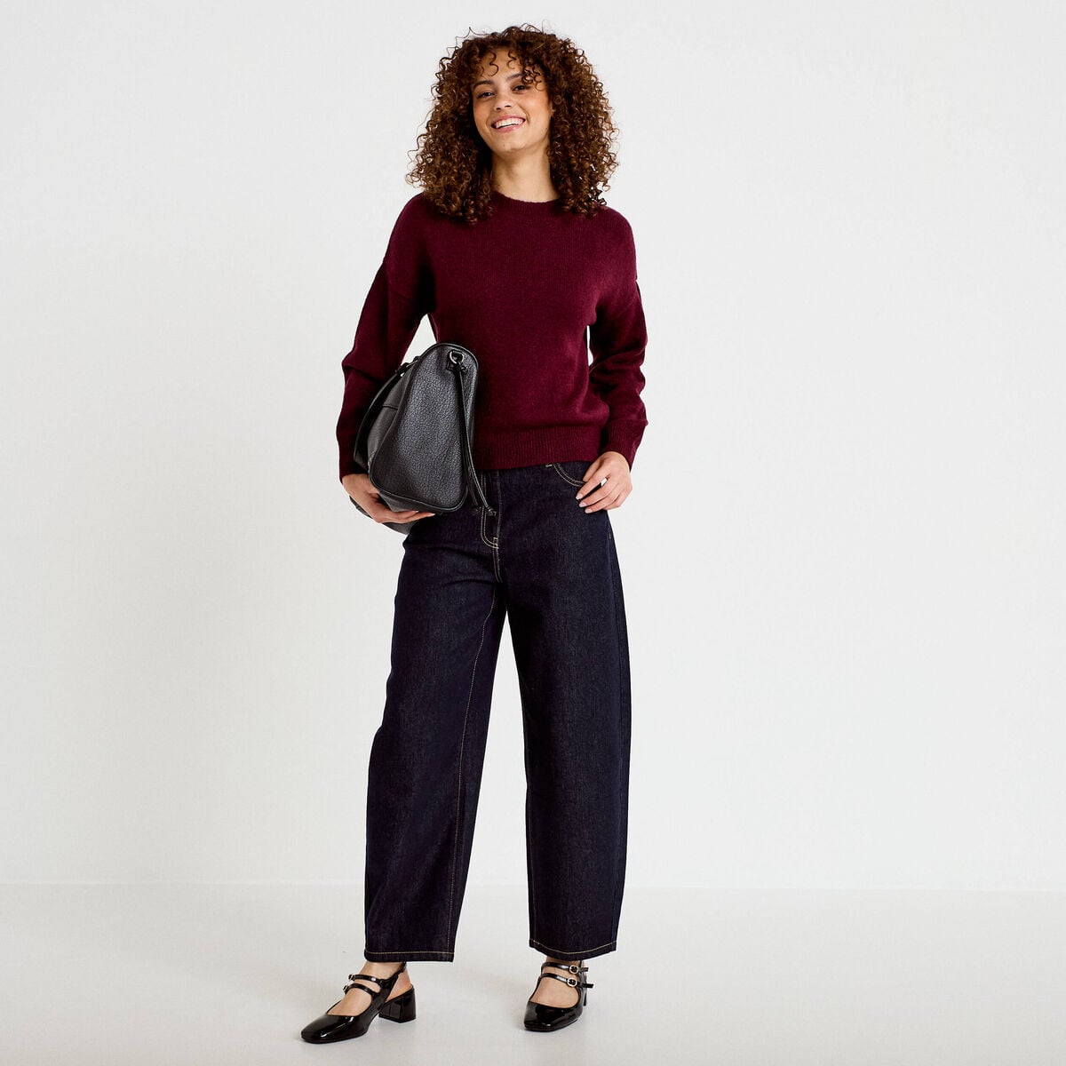 Pull col rond manches longues bordeaux femme
