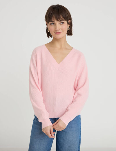 Pull fin col v rose clair femme