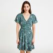 Robe courte &eacute;vas&eacute;e col v manches courtes bleu femme