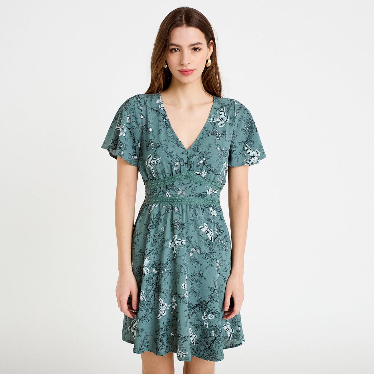 Robe courte &eacute;vas&eacute;e col v manches courtes bleu femme