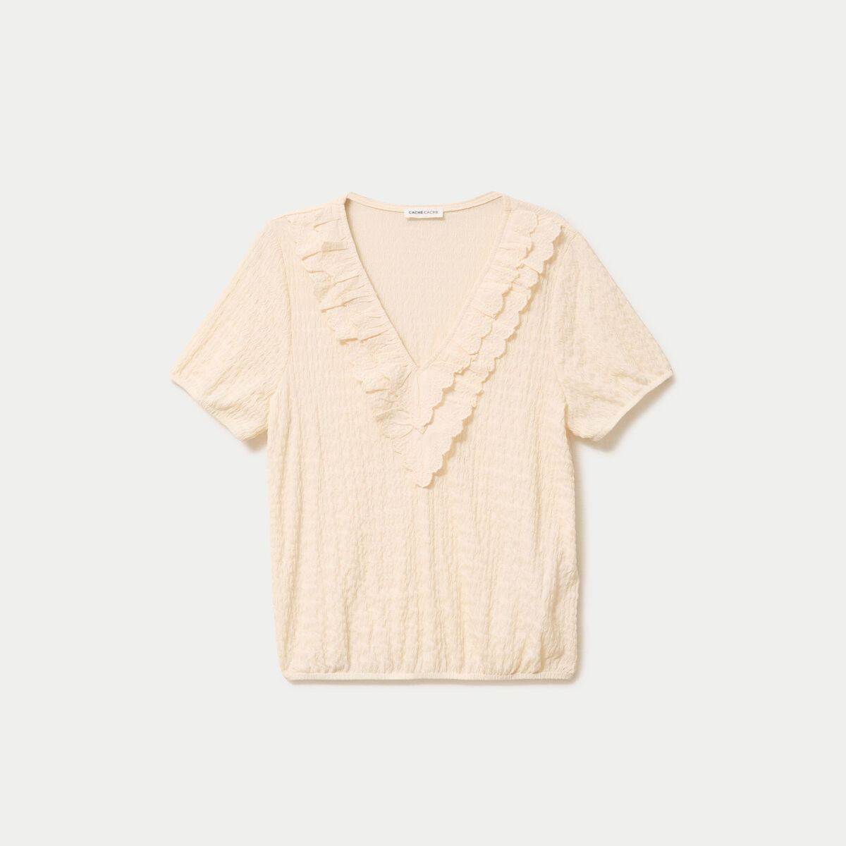 Blouse pliss&eacute;e col v manches courtes ecru femme