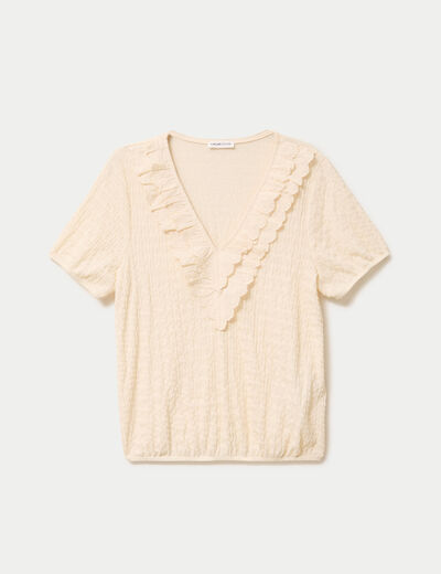 Blouse pliss&eacute;e col v manches courtes ecru femme