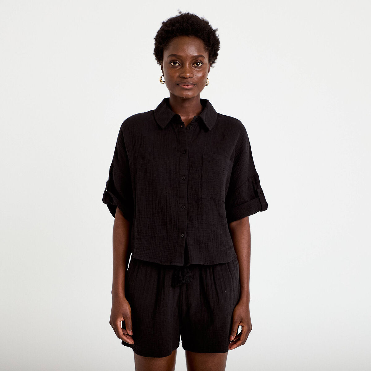 Chemise manches 3/4 noir femme