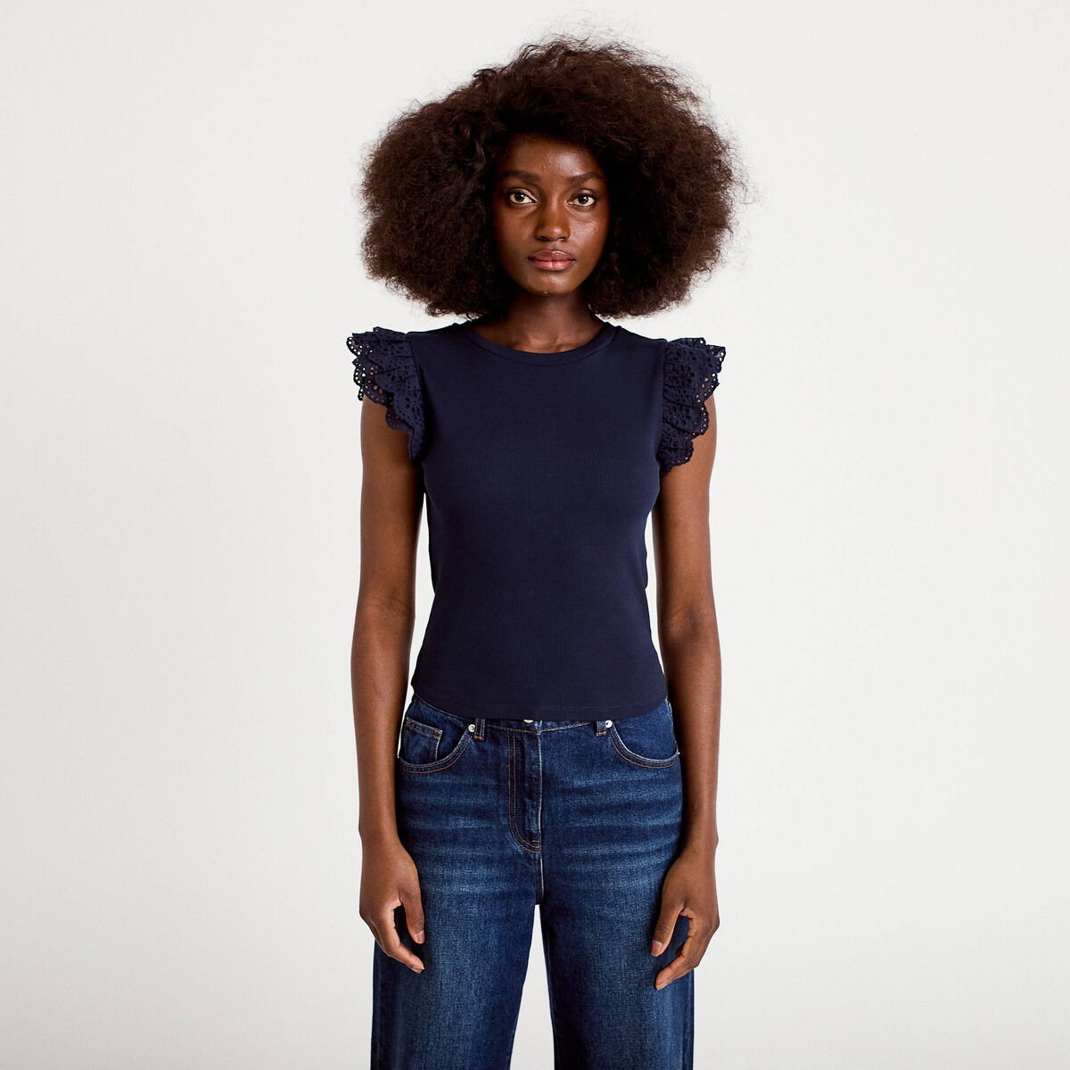 D&eacute;bardeur volants brod&eacute;s bleu marine femme