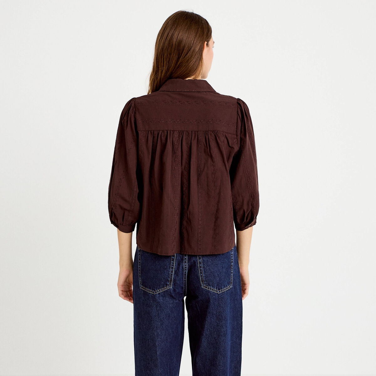 Chemise droite col classique manches 3/4 marron fonc&eacute; femme