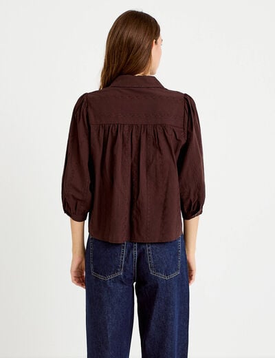 Chemise droite col classique manches 3/4 marron fonc&eacute; femme