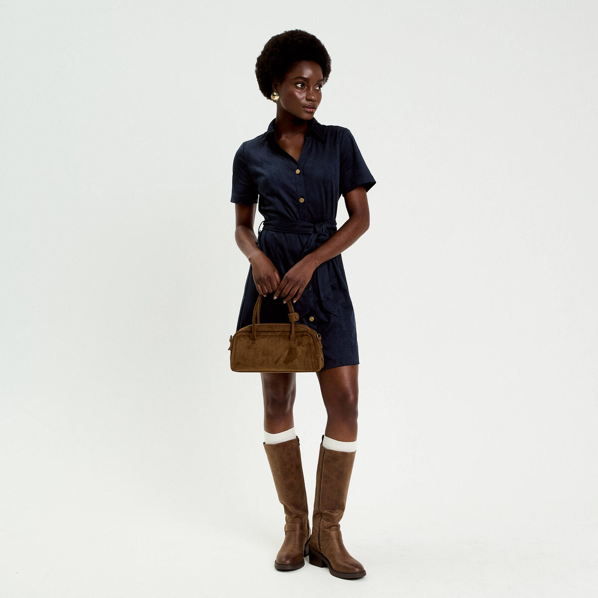 Robe boutonn&eacute;e aspect daim bleu marine femme