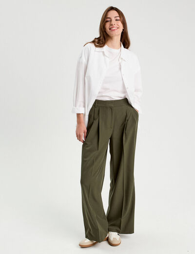 Pantalon large &agrave; pinces vert kaki femme
