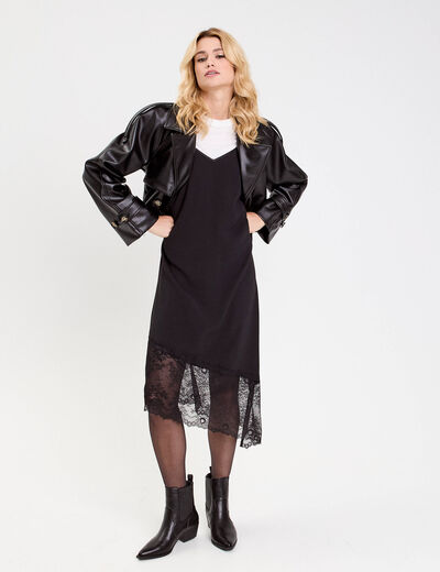 Robe longue droite col v satin&eacute;e noir femme