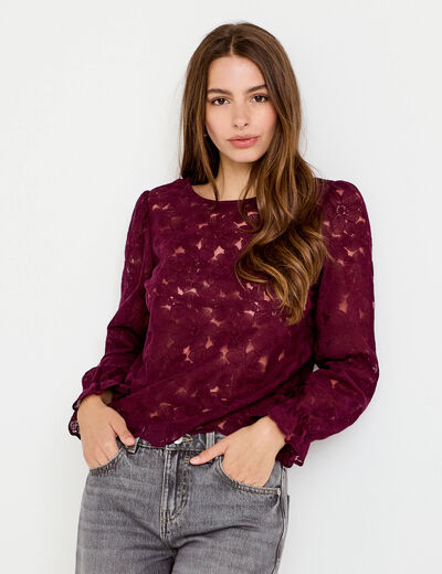 Blouse droite col v en dentelle prune femme