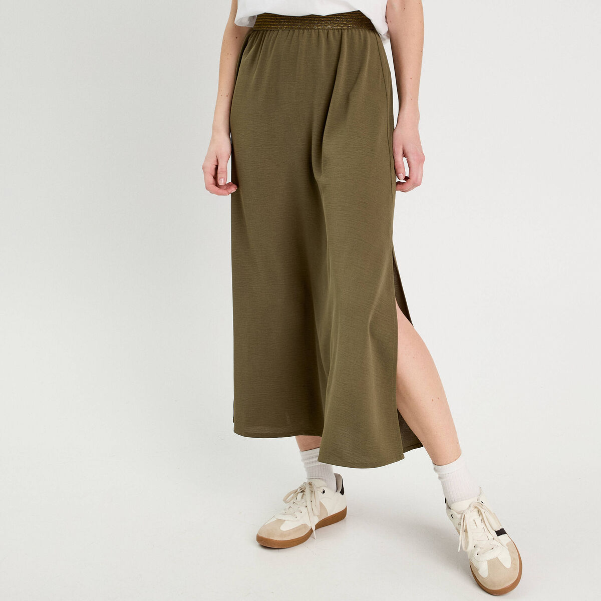 Jupe longue &eacute;vas&eacute;e fluide vert kaki femme