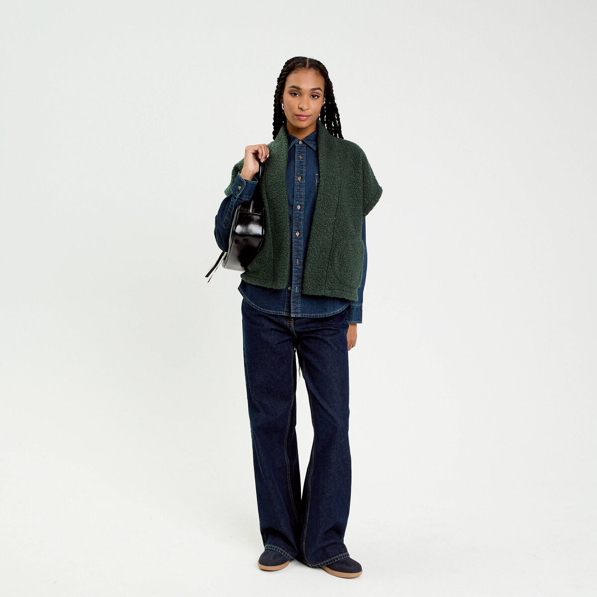 Gilet oversize cropped manches courtes vert fonc&eacute; femme