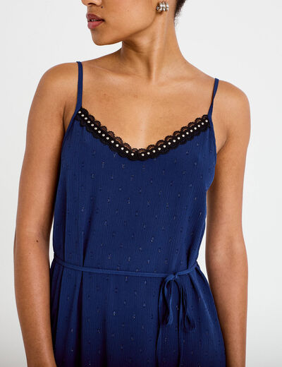 Robe longue &eacute;vas&eacute;e col v dentelle bleu marine femme
