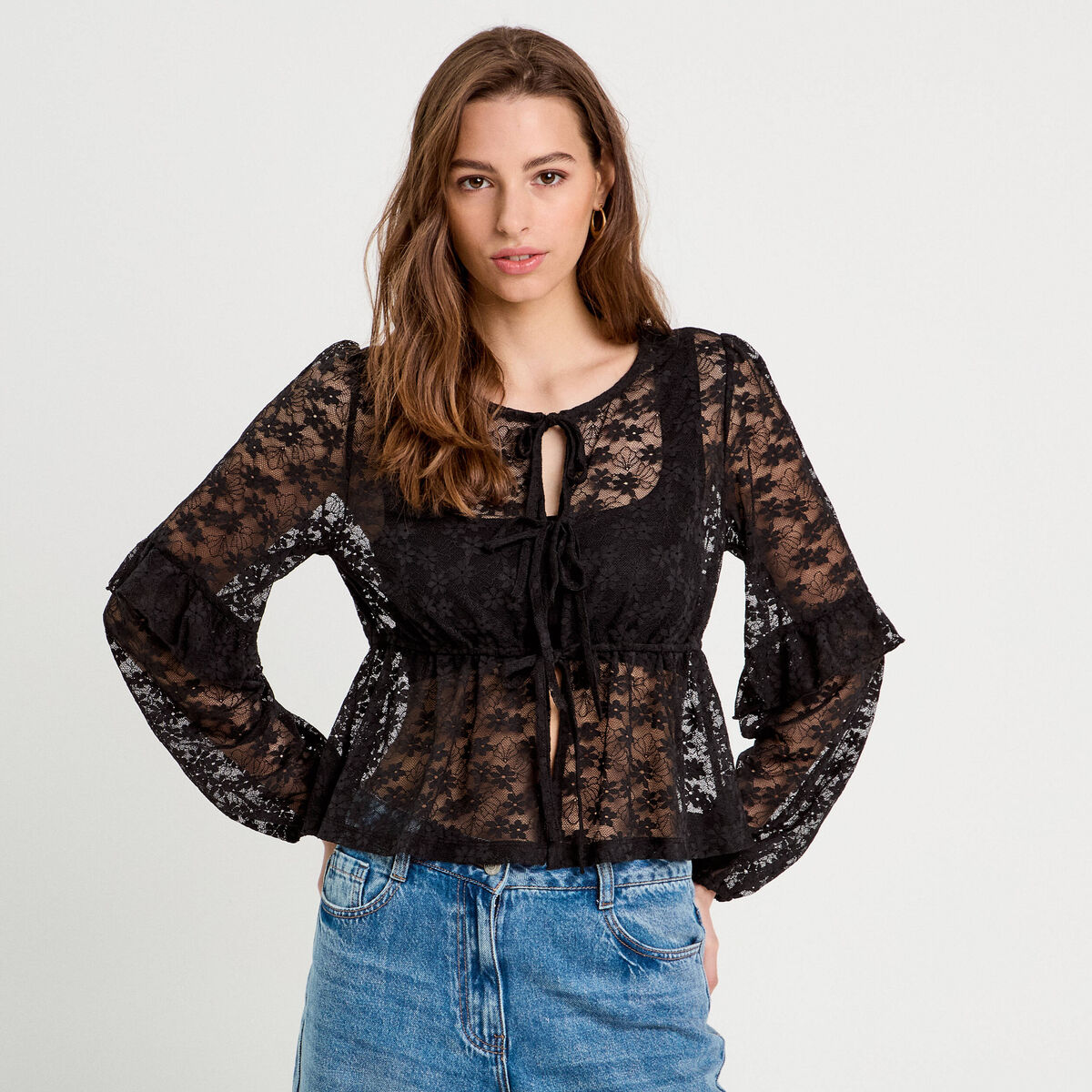 Blouse manches longues noeuds noir femme