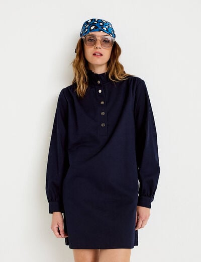 Robe droite col chemise manches longues bleu marine femme