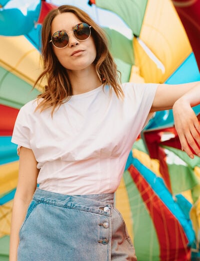 Top ajust&eacute; col rond manches courtes ecru femme