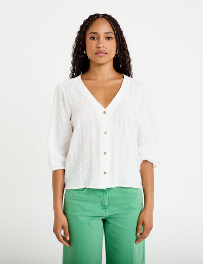 Blouse droite pliss&eacute;e manches 3/4 blanc femme