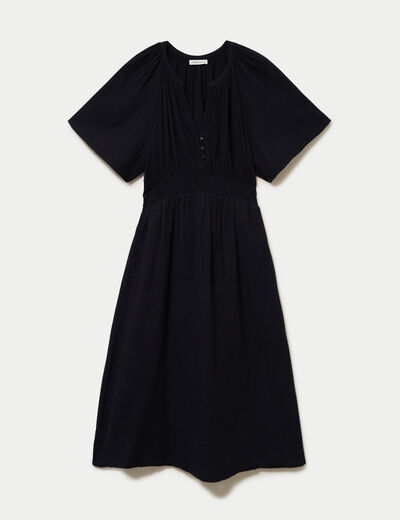 Robe midi pliss&eacute;e col v manches courtes noir femme