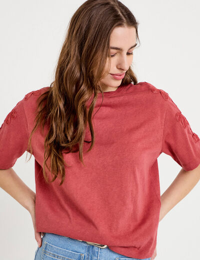 T-shirt col rond manches courtes brod&eacute; vieux rose femme