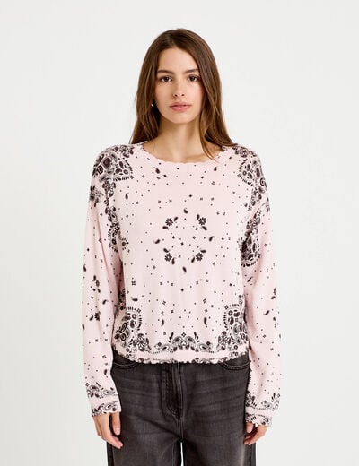 Pull col rond manches longues rose clair femme